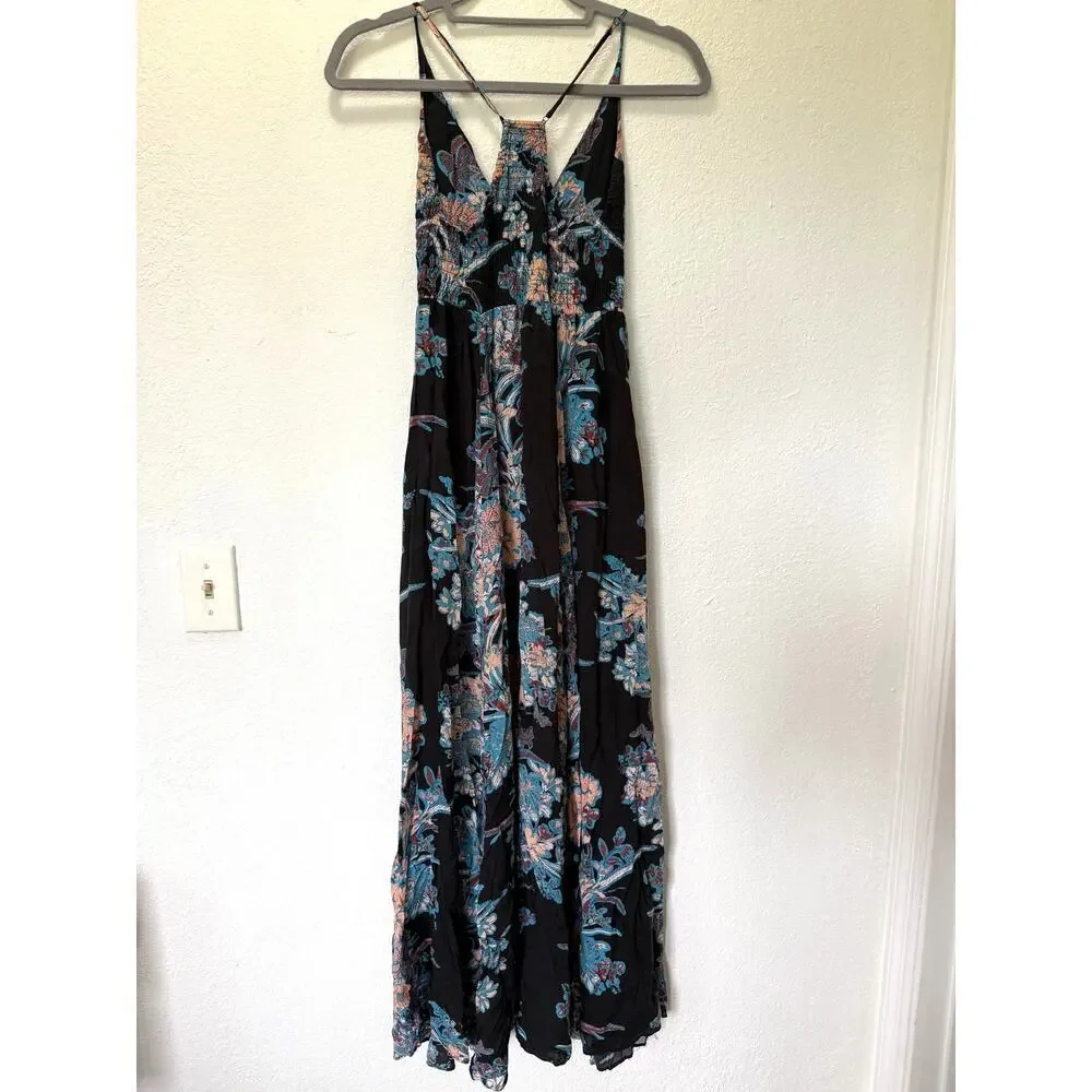 Free People Through The Vine Maxi Dress Carbon Black Floral Sz XS Boho Garden